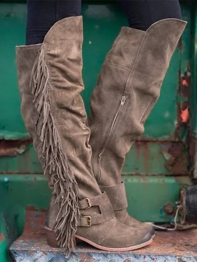 Western Knee-High Fringe Round Toe Suede Boots - Image 4