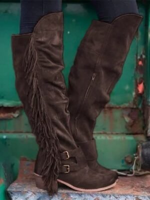 Western Knee-High Fringe Round Toe Suede Boots - Image 5