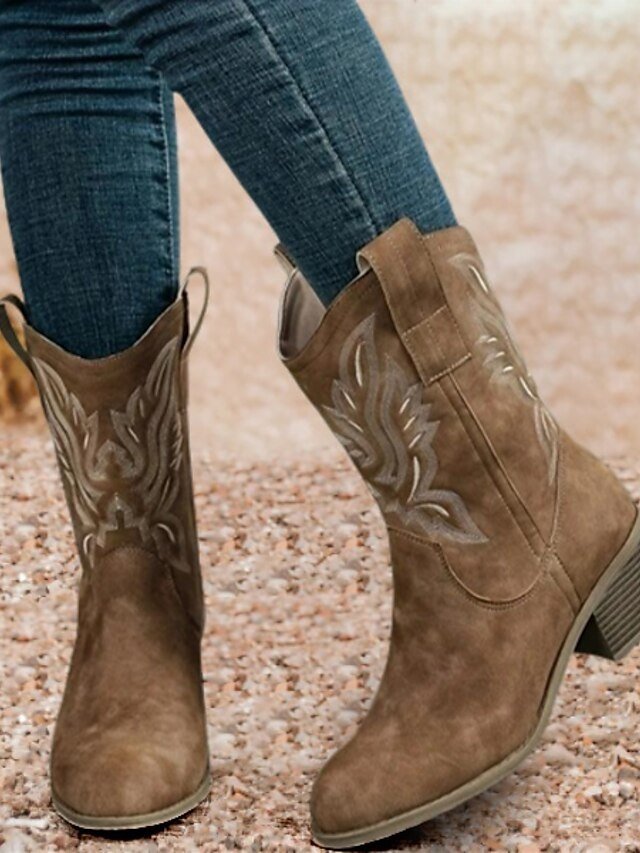 Western Low Block Heel Embroidered Slip-On Boots - Image 1