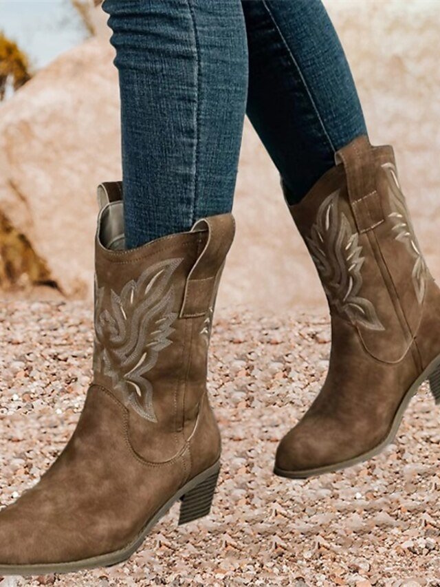 Western Low Block Heel Embroidered Slip-On Boots - Image 2