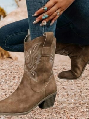 Western Low Block Heel Embroidered Slip-On Boots - Image 4