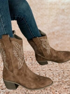 Western Low Block Heel Embroidered Slip-On Boots - Image 5