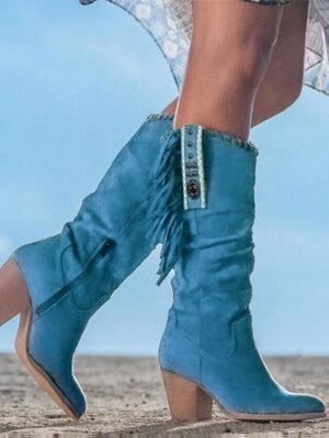 Western Suede Beaded Knee High Fringe Boots - Image 5