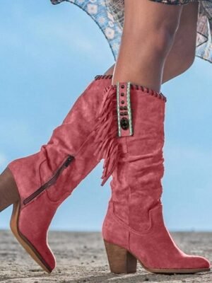 Western Suede Beaded Knee High Fringe Boots - Image 6