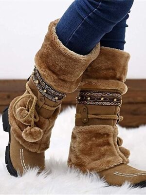Winter Faux Fur Round Toe Chunky Heel Snow Boots - Image 1
