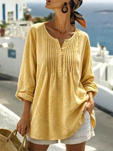 damen-baumwoll-leinen-hemden-bluse-einfa-gelb-1