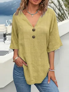 damen-baumwoll-leinen-hemden-bluse-knopf-gelb-5