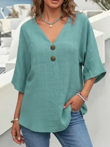 damen-baumwoll-leinen-hemden-bluse-knopf-grun-1