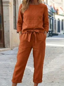 damen-baumwoll-leinen-sets-hosen-sets-bo-orange-1