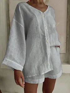 damen-baumwoll-leinen-shorts-sets-bolero-grau-4