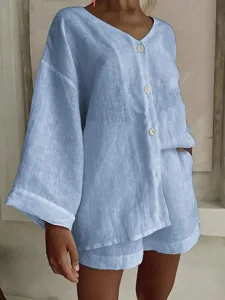 damen-baumwoll-leinen-shorts-sets-bolero-himmelblau-5