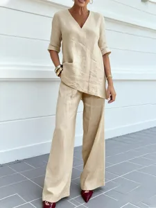 damen-baumwoll-mischung-zweiteilige-sets-khaki-4