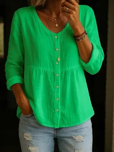 damen-baumwolle-leinen-bluse-knopfe-einf-grun-5