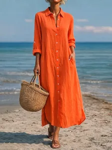 damen-baumwolle-leinen-maxi-kleid-shift-orange-1