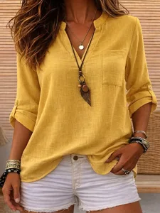 damen-bluse-kunstbaumwollleinen-knopfe-e-gelb-4