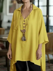 damen-bluse-tasche-knopfe-einfarbig-stil-gelb-5