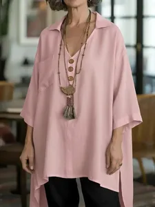 damen-bluse-tasche-knopfe-einfarbig-stil-rosa-4