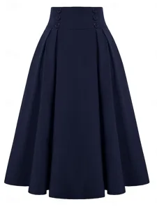 damen-elegant-mode-midi-hohe-taille-rock-dunkelblau-4