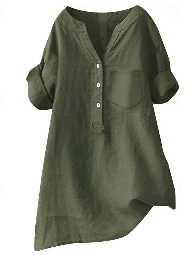 damen-hemd-baumwoll-leinen-hemden-bluse-armeegrun-4