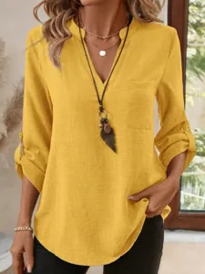 damen-hemd-bluse-tasche-einfarbig-lassig-gelb-1
