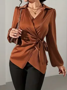 damen-hemd-bluse-vorderknoten-einfarbig-braun-1