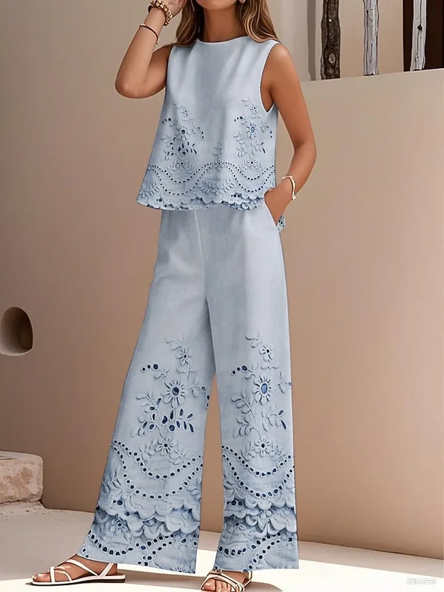 damen-hosen-sets-kunstbaumwollleinen-arm-blau-3