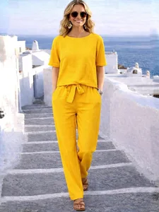 damen-hosen-sets-kurzarm-rundhals-elegan-gelb-4