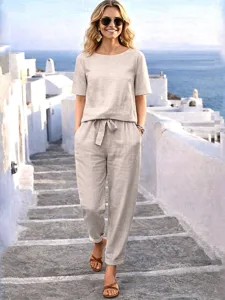 damen-hosen-sets-kurzarm-rundhals-elegan-khaki-14