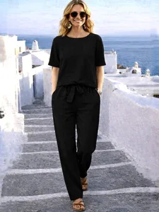 damen-hosen-sets-kurzarm-rundhals-elegan-schwarz-6