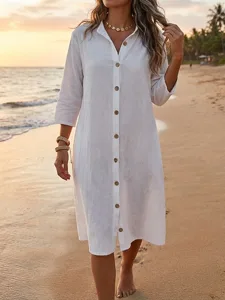 damen-knielanges-kleid-kunstbaumwolllein-wei-1