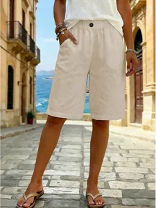 damen-kunstbaumwollleinen-shorts-sommers-beige-9