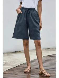 damen-kunstbaumwollleinen-shorts-stoffho-marinenblau-8