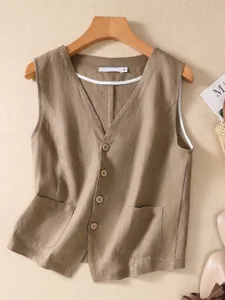 damen-kunstbaumwollleinen-tasche-knopfe-khaki-11