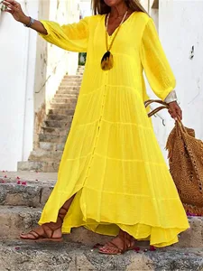 damen-maxikleid-kunstbaumwollleinen-hemd-gelb-5