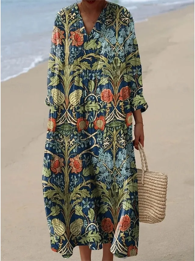 damen-midi-kleid-v-ausschnitt-lange-arme-marineblau-4