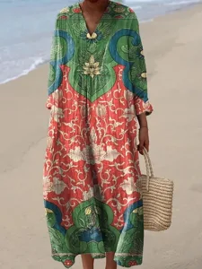 damen-midi-kleid-v-ausschnitt-lange-arme-orange-4