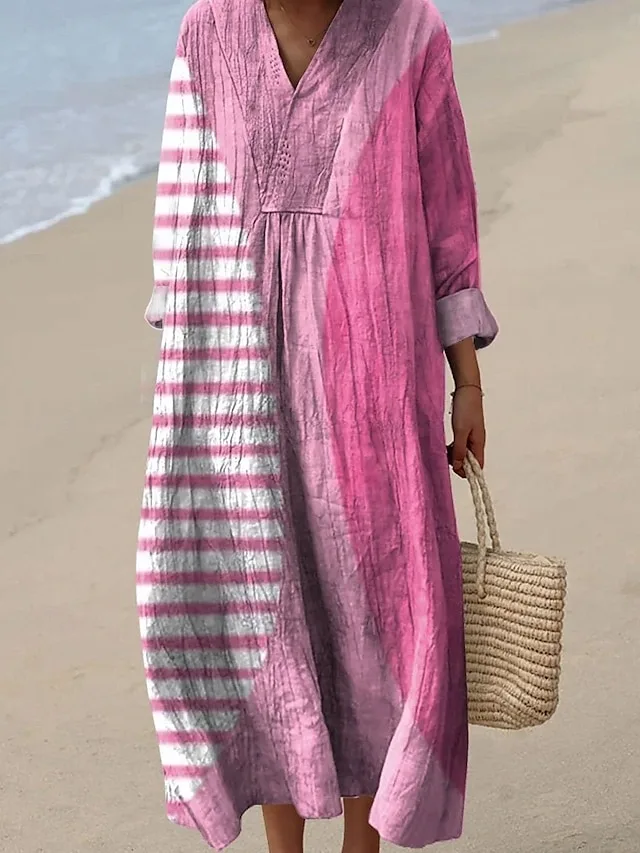 damen-midi-kleid-v-ausschnitt-lange-arme-rosa-1