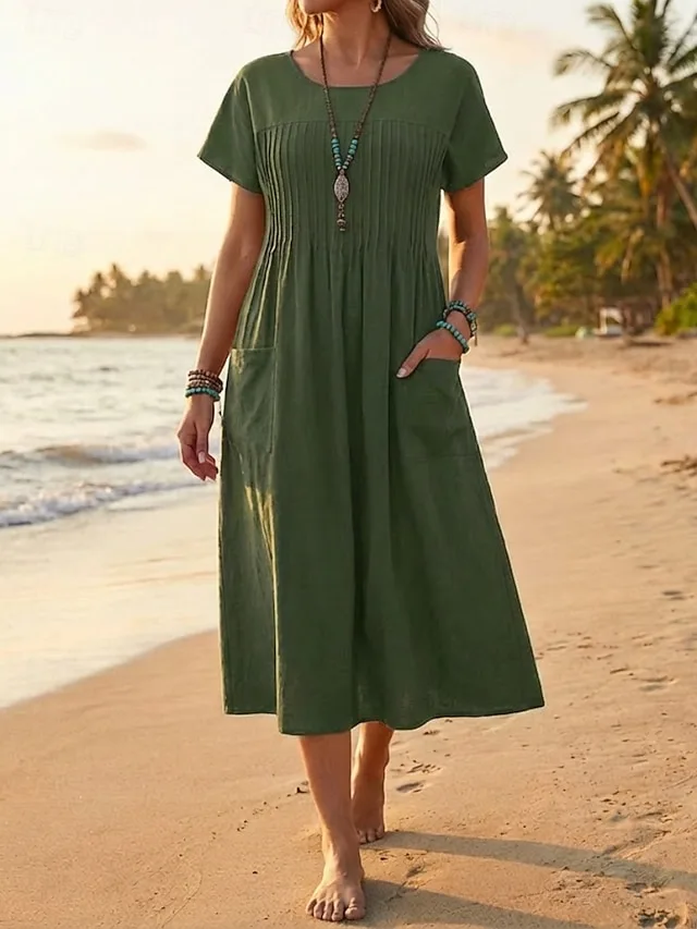 damen-midikleid-100-baumwolle-shiftkleid-armeegrun-2