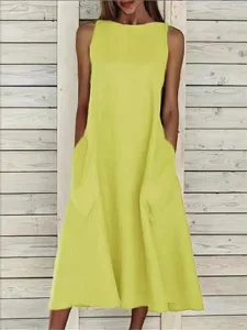 damen-midikleid-armellos-taschen-lassig-gelb-4