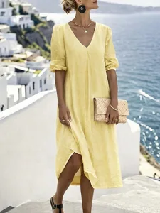 damen-midikleid-aus-baumwolle-und-leinen-gelb-3