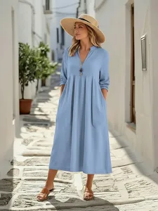 damen-midikleid-baumwoll-leinen-kleider-blau-6