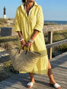 damen-midikleid-baumwoll-leinen-kleider-gelb-2