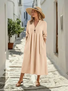 damen-midikleid-baumwoll-leinen-kleider-khaki-3