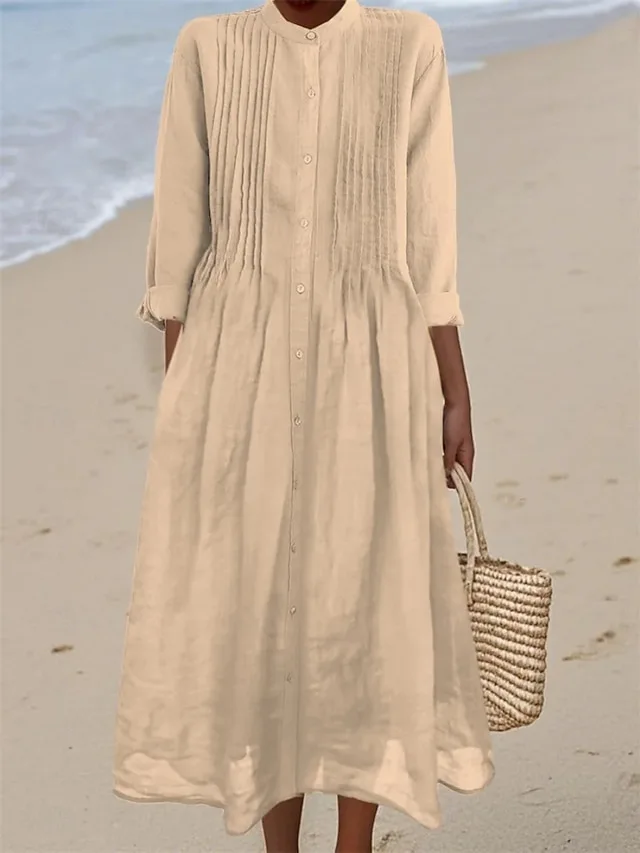 damen-midikleid-baumwoll-leinen-kleider-khaki-5