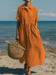 damen-midikleid-baumwoll-leinen-kleider-orange-1