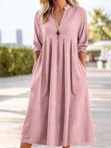 damen-midikleid-baumwoll-leinen-kleider-rosa-1