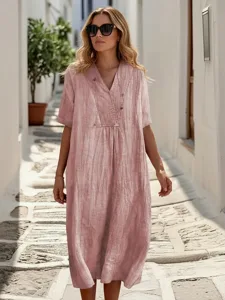 damen-midikleid-kunstbaumwollleinen-baum-rosa-1