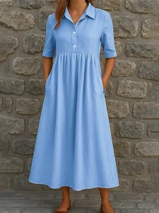 damen-midikleid-kunstbaumwollleinen-hemd-blau-3