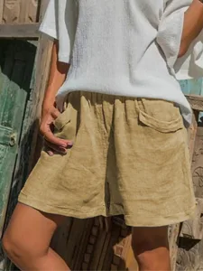 damen-normal-kunstbaumwollleinen-shorts-gelb-4