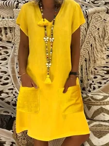 damen-normal-minikleid-kunstbaumwolllein-gelb-17